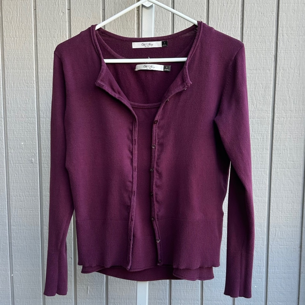 2pc Sweater & Tank Set Burgundy Work Wear or Casual Stretch Small Button Up